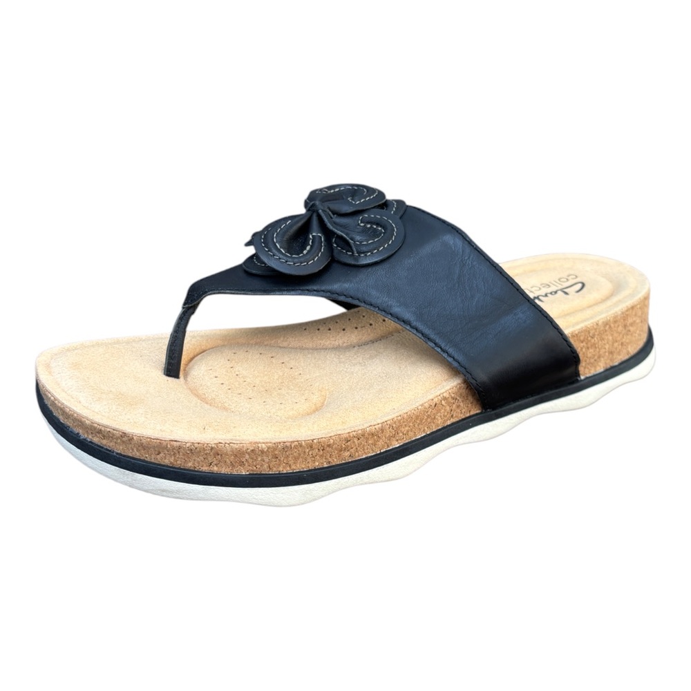 Clarks Women’s 8 Brynn Black Leather Flower Cork Wedge Flip Flop Sandals